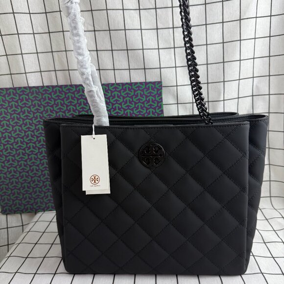 NWT Tory Burch Black Matte Quilted Tote Bag Authentic - Picture 3 of 12